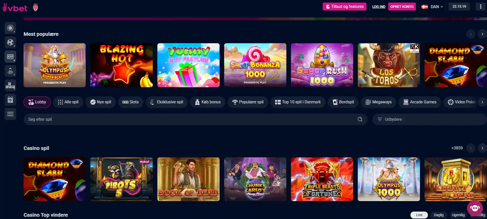 VBET Danmarks aktuelle casino-lobby med spil- og kategorinavigation
