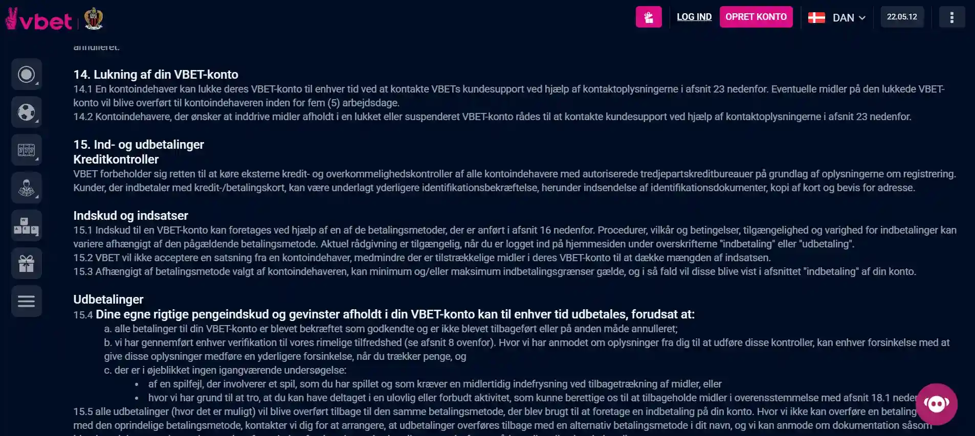 VBET Danmarks betalingsområde med synlige betalingsudbydere