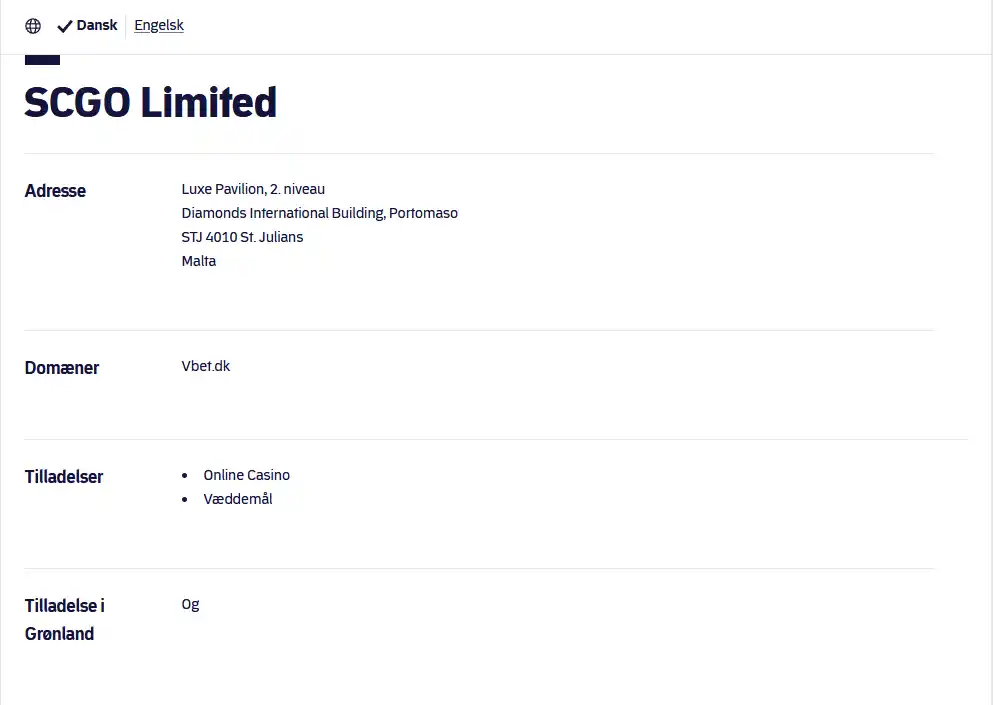 Spillemyndighedens registerpost for SCGO Limited og Vbet.dk
